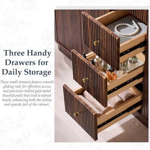 T4TREAM 60" Fluted Bathroom Vanity with Double Sink, Dark Walnut | Integrated Resin Sink, 2 Large Storage Cabinets, Adjustable Shelf, 3 Drawers, Three pre-drilled faucet holes, Mid-Century - color: Dark Walnut, size: 60" (Bouble Sink)