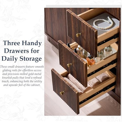 T4TREAM 60" Fluted Bathroom Vanity with Double Sink, Dark Walnut | Integrated Resin Sink, 2 Large Storage Cabinets, Adjustable Shelf, 3 Drawers, Three pre-drilled faucet holes, Mid-Century - color: Dark Walnut, size: 60" (Bouble Sink)