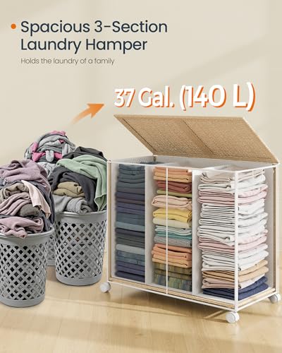 SONGMICS HOME Laundry Hamper with 3 Section, 140 L, Rattan, with Wheels | Rolling Clothes Basket with Lid, Removable Liner with Handles, Natural Beige and Matte White, PEZZO Collection ULCB602N01 - color: Natural Beige + Matte White, size: 140 L