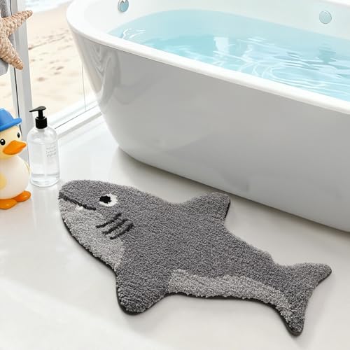 LUMI Cute Animal Bathroom Rugs, Soft Absorbent Non Slip Bath Mats, 20"x32" | Shark Shaped, Quick Dry Microfiber, Machine Washable, Ideal Floor Mat for Shower Sink Bathtub Kid’s Room Decor - color: Echo Shark