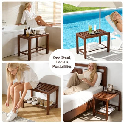 Rubber Wood Shower Bench, Non-Slip Waterproof Wooden Shower Stool for Adults & Elderly, Sturdy Bath Seat for Inside Shower or Tub – 24.02" D x 14.96" H x 6.3" W - size: 24.02"