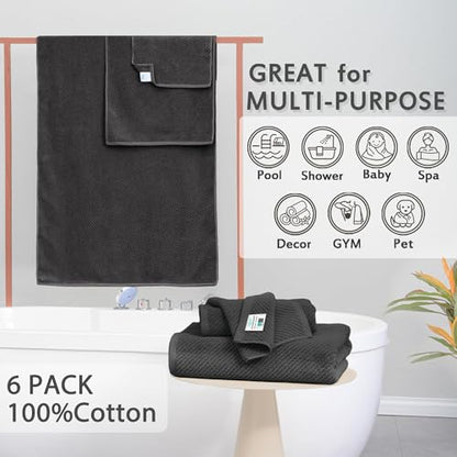 VOOVA & MOVAS 6PC Towel Set, 100% Cotton, Dark Grey | 2 Large Bath 30x56 In, 2 Hand 18x28 In, 2 Washcloths 13x13 In, Quick Dry, Thick, Soft, Towel Gift Set - color: Dark Gray, size: 6 PC Bathroom Towel Set