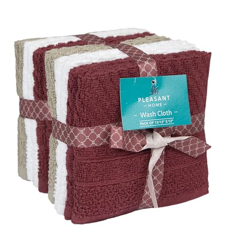 PH Pleasant Home Diagonal Wash Cloths Set - 12 Pack (12” x 12”) – 509 GSM - 100% Ring Spun Cotton Wash Cloth - Super Soft and Highly Absorbent Face Towels (Maroon, White & Tan) - color: Maroon, White & Tan, style: Diagonal