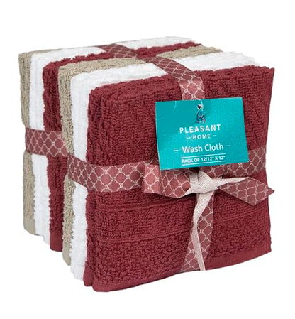 PH Pleasant Home Diagonal Wash Cloths Set - 12 Pack (12” x 12”) – 509 GSM - 100% Ring Spun Cotton Wash Cloth - Super Soft and Highly Absorbent Face Towels (Maroon, White & Tan) - color: Maroon, White & Tan, style: Diagonal