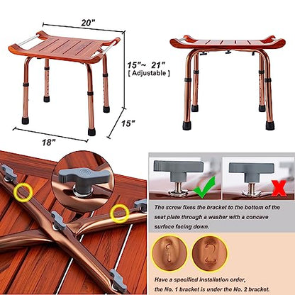 Teak Shower Bench with Handles, Shower Chair for Inside Shower, Height Adjustable Stool, Attached Shower Head Holder Skid pad, Supports Up to 300 Lbs Both Indoor and Outdoor use