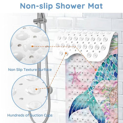 Bathtub Mats for Kids, Pink Mermaid Bath Mat for Tub Non Slip, 40 X 16 Inch Large Washable Bathtub Mat Non Slip for Showers with Drain Holes and Suction Cups - color: Pink Mermaid