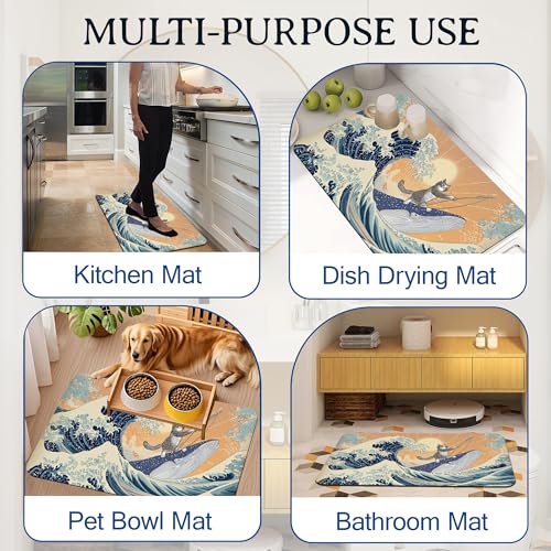 Funny Cat Riding Shark Bath Mat, Japanese Ocean Waves Bathroom Rugs, Absorbent Bath Rug Floor Rug Carpet for Bathroom Bathtub Bedroom Living Room, 17 x 29.5 Inches - color: Funny Cat Riding Shark