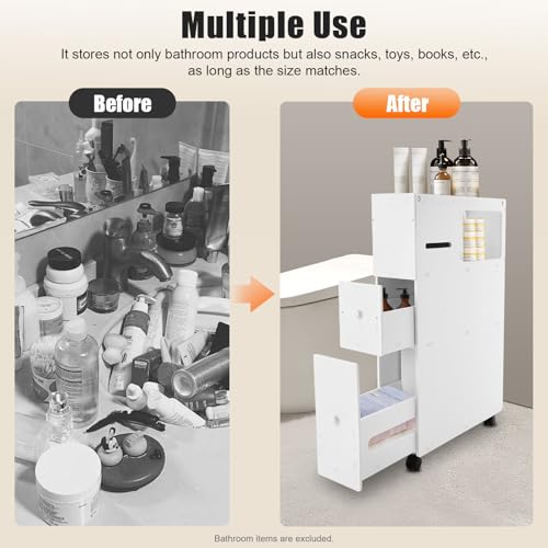 Narrow Bathroom Storage Cabinet with Wheels and Drawers, Slim Toilet Side Floor Cabinet, White Bathroom Organizer with Toilet Paper Holder for Small Spaces
