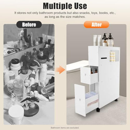 Narrow Bathroom Storage Cabinet with Wheels and Drawers, Slim Toilet Side Floor Cabinet, White Bathroom Organizer with Toilet Paper Holder for Small Spaces