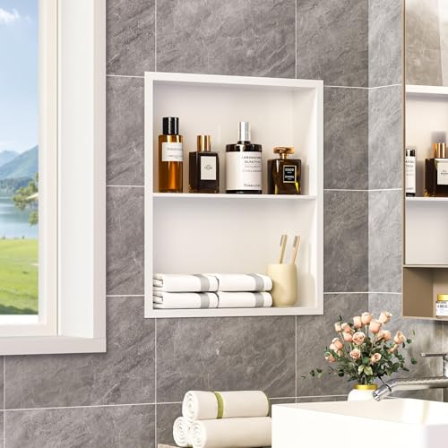 14x18 Recessed Medicine Cabinet, Bathroom Wall Cabinet, 304 Stainless Steel Recessed Wall Niche with 2-Tiers Shelves, Matte White - color: Matte White, size: 14'' x 18''