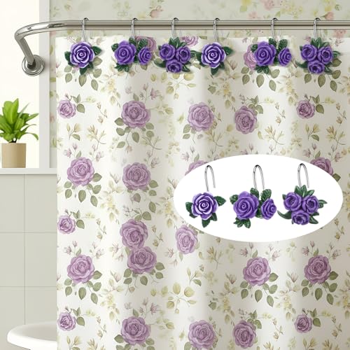 12 Pcs Purple Rose Shower Curtain Hooks Cute Purple Rose Decorative Curtain Rings Bulk Hanger Stainless Steel Resin Spring Flowers Themed Hooks for Bathroom Bedroom Living Room Home Decor - style: Purple Rose