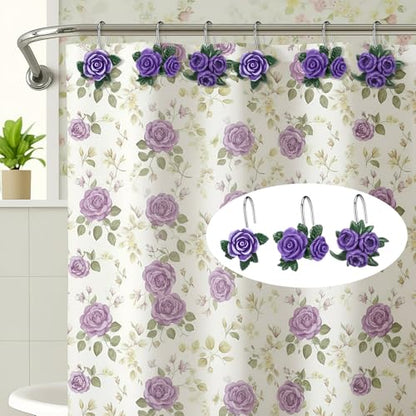 12 Pcs Purple Rose Shower Curtain Hooks Cute Purple Rose Decorative Curtain Rings Bulk Hanger Stainless Steel Resin Spring Flowers Themed Hooks for Bathroom Bedroom Living Room Home Decor - style: Purple Rose