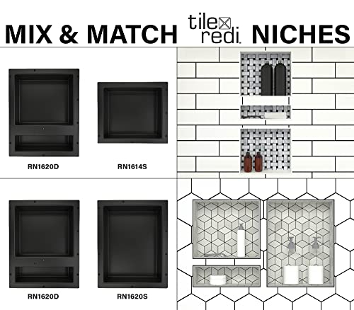 Tile Redi USA Niche Double Recessed Shower Shelf – Black, Two Inner Shelves with Divider, 16-Inch Width x 20-Inch Height x 4-Inch Depth (RN1620D-BI) - size: 20" H x 16" W (2 Shelves)