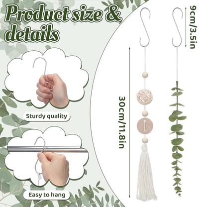 Set of 12 Boho Eucalyptus Shower Curtain Hooks Rings Rustic Farmhouse Decor Rustproof Metal Decorative Hanger Set for Home Bathroom Bedroom Baby Room Curtain Decor (Rattan) - style: Rattan