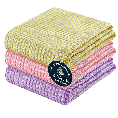 3 Pack 100% Cotton Multi Dual Waffle Weave Kitchen Towels, 16x26 Inch, Super Absorbent, Quick Dry Dishcloth Set, Soft Hand Towels for Cleaning, Durable - Lemon Yellow, Pink, Lavender - color: Lemon Yellow, Pink, Lavender, size: 16 x 26 - Pack of 3
