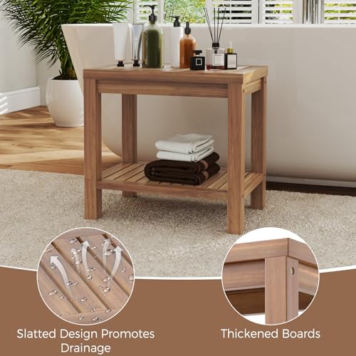Giantex Teak Shower Bench with Shelf, 19 Inch Shower Stool with Slatted Seat for Elderly Seniors, Waterproof Bathroom Spa Bathing Seat Foot Rest Entryway Bench for Indoor and Outdoor Use - size: 19" x 12.5" x 18"