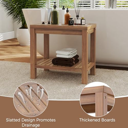 Giantex Teak Shower Bench with Shelf, 19 Inch Shower Stool with Slatted Seat for Elderly Seniors, Waterproof Bathroom Spa Bathing Seat Foot Rest Entryway Bench for Indoor and Outdoor Use - size: 19" x 12.5" x 18"