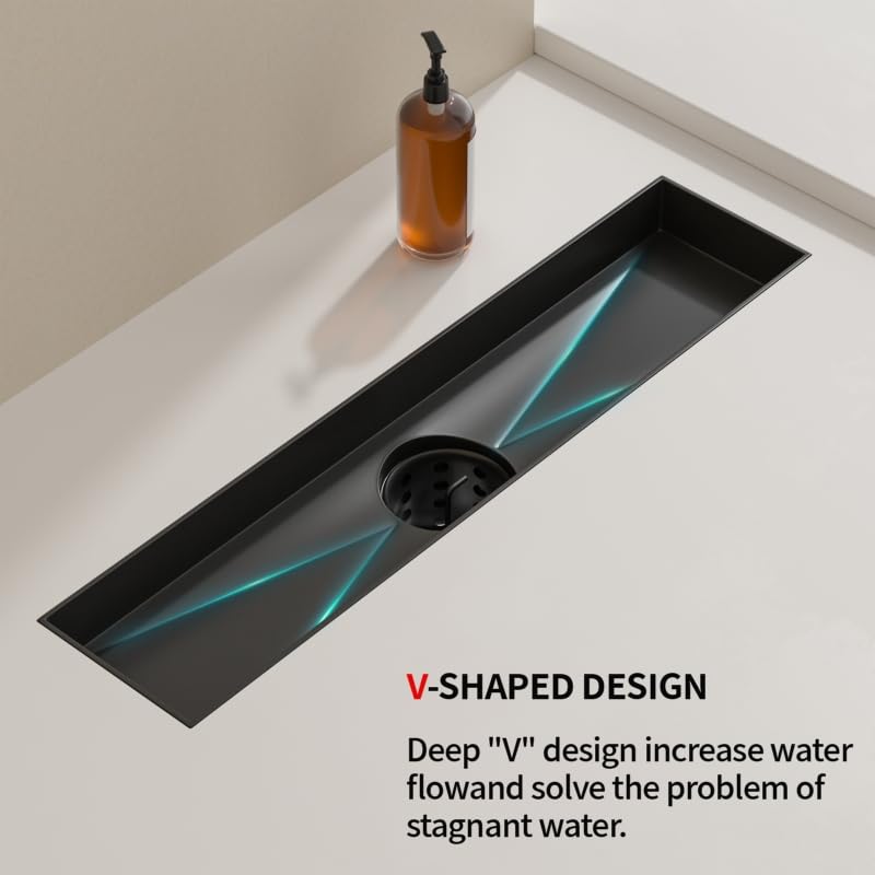 Linear Shower Drain, 304 Stainless Steel with Adjustable Leveling Feet, Hair Strainer,Reversely Install Place to Create an Invisible Floor Drain - Black -24-Inch - color: Matte Black, size: 24inch