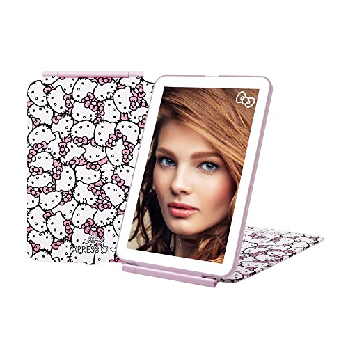 Impressions Vanity Hello Kitty Touch Pad Mini Tri-Tone Makeup Mirror with Printed Flip Cover and LED Strip, Travel Vanity Mirror with Touch Sensor Switch and USB Extension (White/Pink) - color: White/Pink