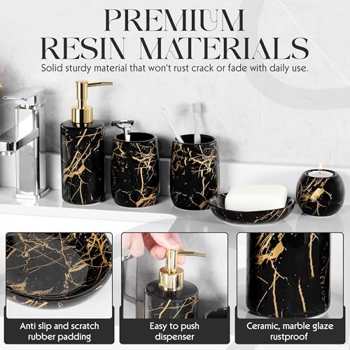 Ceramic Bathroom Accessory Set, 5-Piece Bathroom Accessory Set, Soap Dish, Toothbrush Holder, Soap Dispenser, Bathroom Tumbler & Candle Holder - Modern Bathroom Organizer, (Black & Gold) - color: Black and Gold