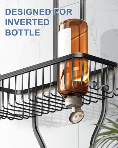 Shower Caddy Hanging - Never Rust Shower Hanging Organizer - Aluminum Over the ShowerHead Caddy with Soap Basket and 6 Hooks for Razor/Sponge (Black) - color: Black