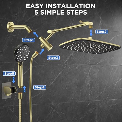 Veken Gold 11.8" High Pressure Shower Head with Handheld, Leak-Proof Design | Handheld Shower Head with Multi Spray Modes,Rainfall Combo with 15" Metal Extension Arm,Detachable Dual Shower,Regaderas Para - color: Pure Gold