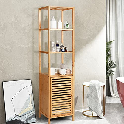 Tall Bamboo Cabinet, Narrow Bathroom Floor Storage Cabinet with 3 Tier Shelves & Shutter Door, Slim Linen Tower Cabinet for Living Room or Kitchen, 15.5 x 14.5 x 65 inches