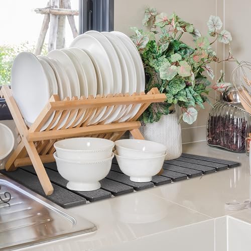 Stone Drying Mat for Kitchen Counter, 24"L x 16" W Quick Stone Dish Drying Mat Diatomaceous Earth Super Fast Absorbent Collapsible Countertop Kitchen Mats Grey