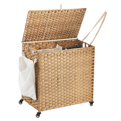 Laundry Hamper with Wheels, 39.6 Gallon(150L) Rolling Laundry Basket with Lid, Removable Large 2 Color Liners & 3 Mesh Laundry Bags, Clothes Hamper with Side Pocket, Natural - color: Natural, size: 23.62"L x 15.75"W x 25.6"H