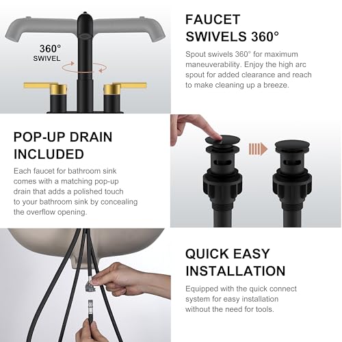 Black and Gold Pull Down Centerset Bathroom Faucet 3 Hole 2 Handle | Pull Out Bathroom Faucet with Pop Up Drain & Supply Lines, Lead-Free cUPC & NSF Certified, 4 Inch Faucet for Vanity RV Sink - color: Black & Gold