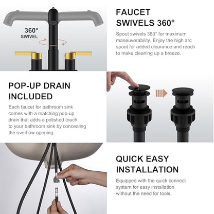 Black and Gold Pull Down Centerset Bathroom Faucet 3 Hole 2 Handle | Pull Out Bathroom Faucet with Pop Up Drain & Supply Lines, Lead-Free cUPC & NSF Certified, 4 Inch Faucet for Vanity RV Sink - color: Black & Gold