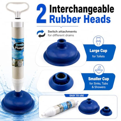 Dependable Industries inc. Essentials High Pressure Pump Plunger & Drain Clog Remover for Toilet Sink Tub Shower, 2 Heads