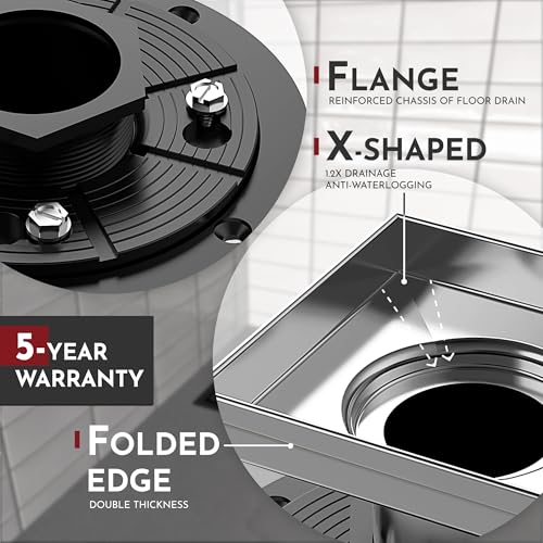 4 Inch Square Shower Drain Brushed Floor Drain with Flange Reversible 2-in-1 Cover Tile Insert Grate Removable SUS304 Stainless Steel CUPC Certified Brushed - color: Brushed, size: 4 Inch