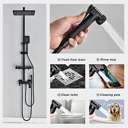 Shower System Matte Black Bathroom Thermostatic Shower Faucet Set with Tub Spout,Shower Head,3 Functions Hand Sprayer,Bidet and Shelf Rain Outdoor Shower Fixtures Kit Wall Mounted