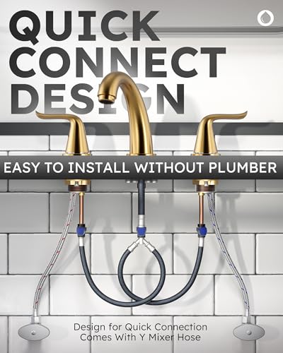 WOWOW Widespread Bathroom Faucet Brushed Gold Bathroom Sink Faucet 3 Hole Vanity Faucet 2 Handle Basin Faucets 8 Inch Mixer Tap with Pop Up Drain and Supply Hose - color: Brushed Gold