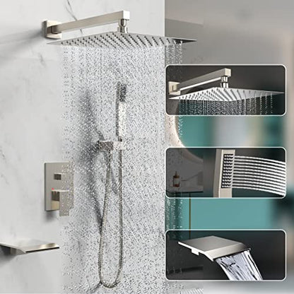 Brushed Nickel Shower System Rain Faucet Set with Tub Spout,12 inch | All-Metal Wall Mounted Bathroom Shower Faucet Set with Safe Pressure Balance Valve, Water Saving High Pressure Rainfall Head - color: Brushed Nickel, style: 12in with Tub spout