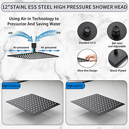 Rain Shower Head Black with Extension Arm 12 Inch Square Shower Head with 16 Inch Shower Arm Large Stainless Steel Rainfall Showerhead Matte Black Waterfall Full Body Coverage by GGStudy - color: Black, size: 12inch