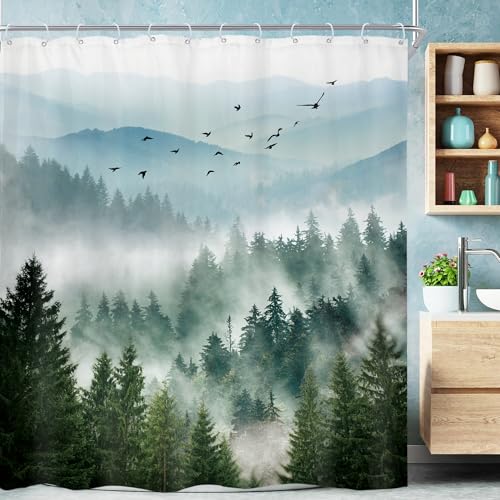 Green Mountain Shower Curtain Rustic Nature Rainforest Mens Shower curtain | Woodland Tree Waterproof Fabric Shower Curtain Bathroom Decor 12 Pack Hooks 60Wx72H Inch - color: A-01green, size: 60"W x 72"L (Pack of 1)