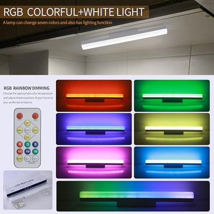 16 Inches Rechargeable Wall Lights Bar,Cold White with RGB | 4000Ma Battery Operated Magnetic LED Vanity Lights For Mirror, Remote Control Color Change Bathroom Makeup Light - color: Cold white and RGB