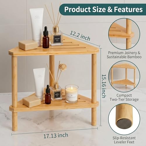 Bamboo Corner Shower Stool, 2-Tier Waterproof Bath Bench with Storage Shelf, Shower Foot Rest for Bathroom Spa Shaving