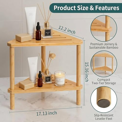 Bamboo Corner Shower Stool, 2-Tier Waterproof Bath Bench with Storage Shelf, Shower Foot Rest for Bathroom Spa Shaving