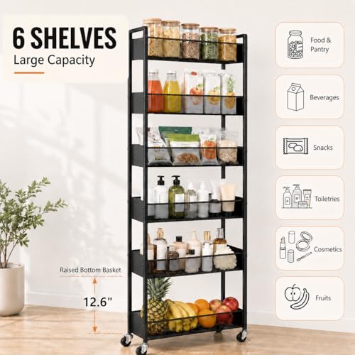 6-Tier Slim Rolling Storage Cart with Wheels,12.6" Raised Bottom Basket for Tall Bottles,Narrow Metal Utility Cart Organizer for Kitchen,Bathroom,Laundry Room,Gaps & Corners,Black