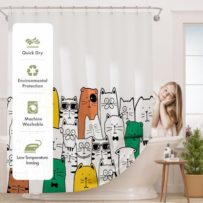 AmazerBath Shower Curtain, Washable Cute Kitty Carnival Cloth Shower Curtain Set with 12 Metal Hooks, Kawaii Waterproof Fabric Black and White Shower Curtain for Kids' Bathroom, 72x72 Inches - color: D- Kitty Carnival+12 Metal Hooks, size: 72"W x 72"L (Pa