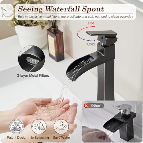 Bronze Waterfall Vessel Sink Faucet, Brass 12 Inch Tall Bathroom Faucets Single Hole Single Handle for Bathroom Bowl Sink with Pop-up Drain & Hoses for Vanity Countertop Modern Farmhouse - color: Oil Rubbed Bronze - Farmhouse