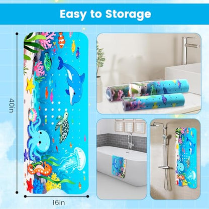 Bathtub Mat for kids Non slip, Dolphins swim happily in the sea (Blue) | 40"x16", Extra Long, Soft, Suction Cup for Strong Grip, Eco Friendly, Easy Clean, Machine Washable - color: Blue