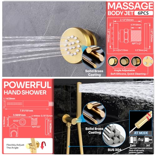 HOMEDEC 16" Round Shower Faucet Set with 6" Wall Mounted Shower Head, 4 Way Shower Valve with 2-Function Handheld Shower and Body Jets, Brushed Gold - color: Brushed Gold, style: 4-Way + 1x 6" Top