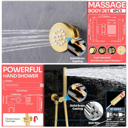 HOMEDEC 16" Round Shower Faucet Set with 6" Wall Mounted Shower Head, 4 Way Shower Valve with 2-Function Handheld Shower and Body Jets, Brushed Gold - color: Brushed Gold, style: 4-Way + 1x 6" Top