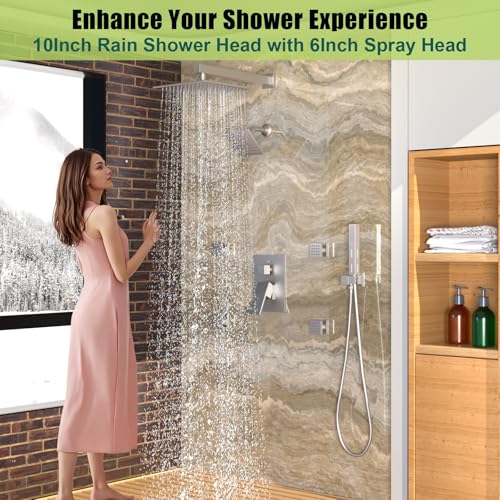 Enga Dual Heads Shower System with Body Jets, Shower Faucet Set 10 Inch Rainfall with 6 Inch Showerhead, 4 Body Jets with 2 in 1 Handheld Spray, Brushed Nickel - color: Brushed Nickel, style: Wall-10"+6"+4Jets