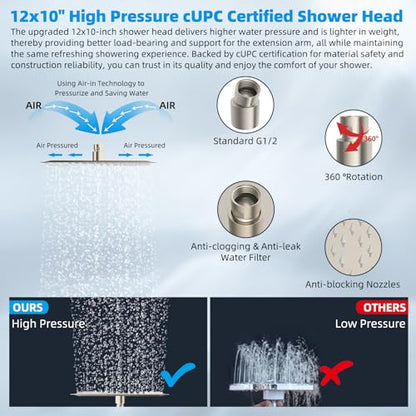 Hibbent All Metal 12'' Rain Shower Head, 16'' Extension Arm, Brushed Nickel | cUPC Certified High Pressure Rainfall Showerhead with Solid Brass Adjustable Shower Head Extension Arm, Fixed Showerheads - color: Brushed Nickel, style: Square 12''