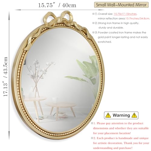 15.75" Small Gold Bow Decorative Round Mirror | Metal Frame, Wall Mounted, For Entryway, Bathroom, Living Room, Mini Size